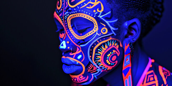 Neon tribal body painting, unisex model, fluorescent paint, tribal patterns from face to chest