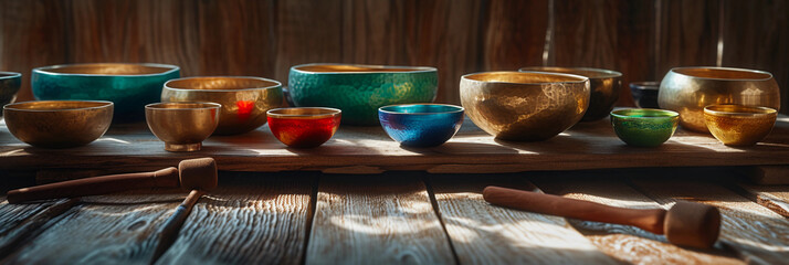 Tibetan singing bowls arranged on a rustic wooden table, mallets beside them, and their tonal vibrations visualized as soft