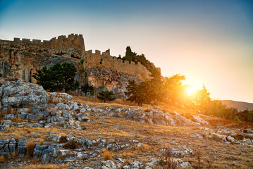Fortifications of the Acropolis on the island of Rhodes in Greece.