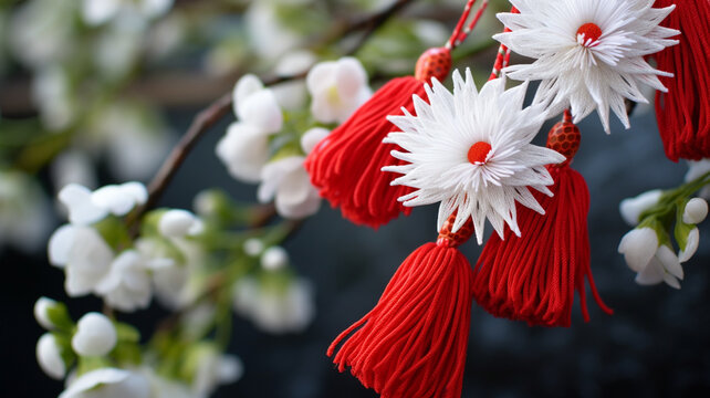 Martisor, red and white, yarn floss thread, holiday of welcoming spring in Moldova and Romania, celebrated on March , tradition give boutonnieres in the form of flowers Baba Marta. - Powered by Adobe