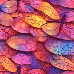 Mosaic-like shades of sunset. Tileable wallpaper, repeating seamless texture, pattern, crystal dragonfly wings, macro photography, ray tracing, unreal engine, delicate, eligant, subtle