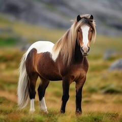Obraz na płótnie Canvas A beautiful Icelandic horse standing in a grassy field