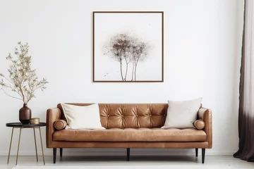 Foto op Plexiglas Minimalist living room interior with brown leather sofa and stylish home decor © Adobe Contributor