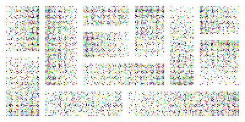 Pixel disintegration, decay effect. Various rectangular elements made of round shapes. Dispersed dotted pattern. Mosaic texture with simple particles. Colored noise. Vector illustration