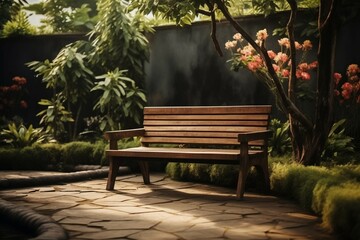 Fototapeta na wymiar Relaxation oasis Wooden bench in backyard surrounded by natures beauty
