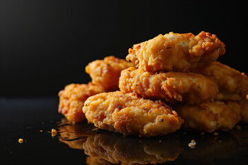 Close up freshly fried boneless chicken nuggets with black background