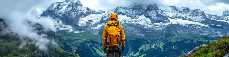 Hiker with a backpack on the top of a mountain in Switzerland.