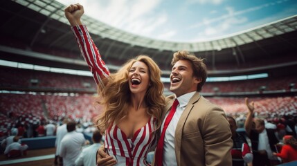 sweet couple cheer their football team at football stadium.	