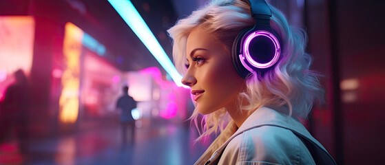 Blonde Woman Enjoying Music with Neon Light Headphones in an Urban Setting at Night