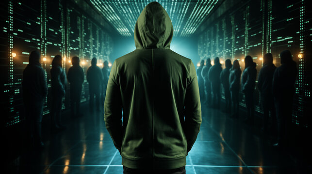 Armme von Hackern zwischen Daten im Darknet Internet Cyberarmee