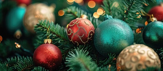 Fototapeta na wymiar Vibrant ornaments on a tree for Christmas