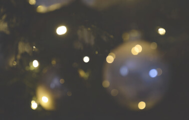 Blurred bokeh picture of christmas tree ball and lights. Blurred christmas decorations.