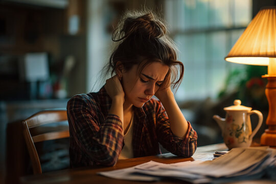 young woman sitting at a table, reviewing her bills, tax