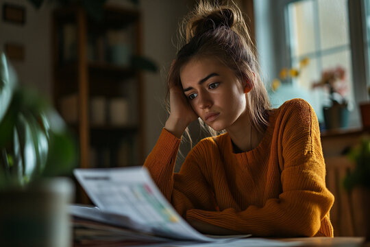 young woman sitting at a table, reviewing her bills, tax