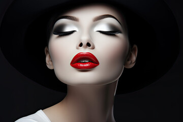 Portrait of Elegant Woman with Red Lips