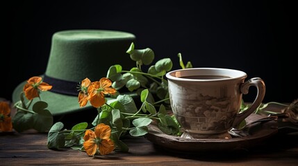 St. Patricks Day Composition with Flowers,a cup of herbal tea and Green Top Hat on Wooden Background