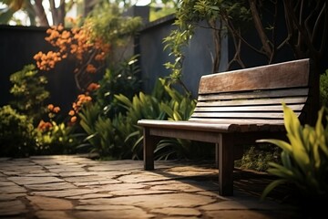 Wooden bench in backyard garden, a serene spot for relaxation
