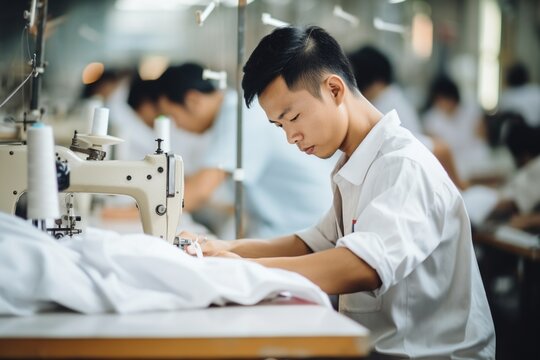 A young male worker sews a garment in a factory