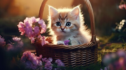 Small adorable cat in a basket - Powered by Adobe