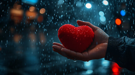 A man's hand clutches a plush red heart in the rain. Concept of finished love, broken heart, love depression - obrazy, fototapety, plakaty