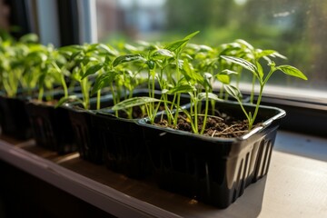 Homegrown promise Young pepper and tomato seedlings on windowsill backdrop