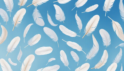 Light Fluffy 3D Wallpaper with White Feathers Floating in Blue Sky