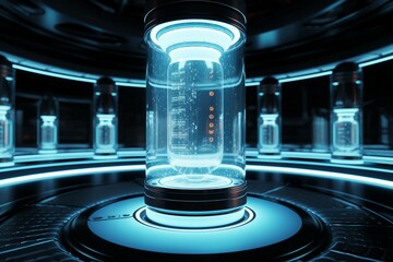 Future hibernation Cryonics capsules in glass tubes, 3D illustration scene - obrazy, fototapety, plakaty