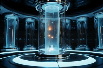Hibernation technology Cryonics capsules in glass tubes, sci fi scene - obrazy, fototapety, plakaty
