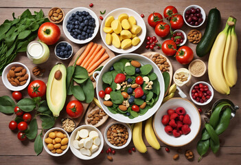 Heart-healthy food selection for optimal well-being. Emphasizing nutritious choices and promoting a healthy lifestyle. A bird's-eye view of nutritious options for a nourished heart. - Powered by Adobe