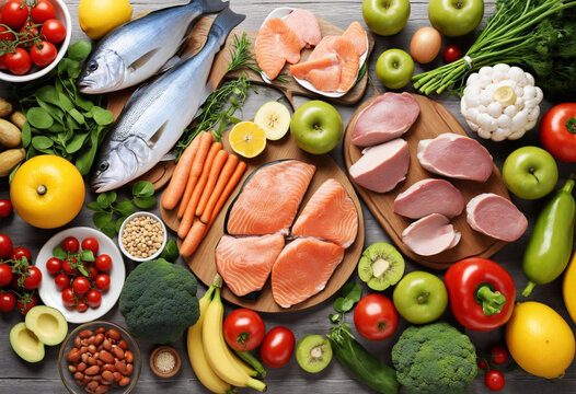 Background healthy food. Fresh fruits, vegetables, meat and fish on table. Healthy food, diet and healthy life concept. Top view
