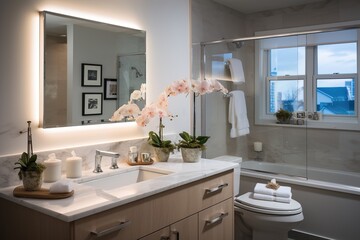 Modern bathroom interior with orchids and city view