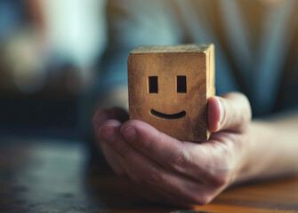 Man holding wooden block with a positive face. Concept of good rating, review and feedback....