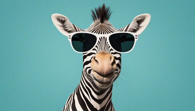 Funky zebra with sunglasses on pastel background - quirky and eye-catching image for ads or editorials with a surreal touch.