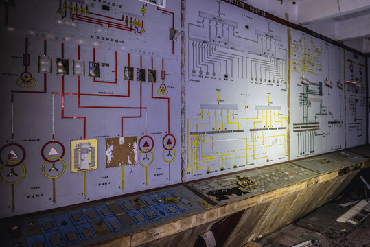 Chernobyl Zone, Ukraine - September 29, 2014: Communication centre building in abandoned military base Chernobyl-2 in Chernobyl Exclusion Zone in Ukraine