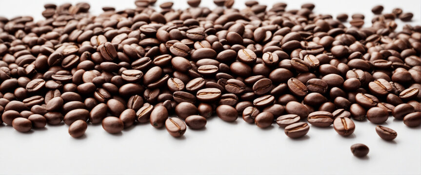 Wide angle shot of coffee beans on white and transparent backgrounds, high resolution PNG file with ample room for text, perfect for showcasing.