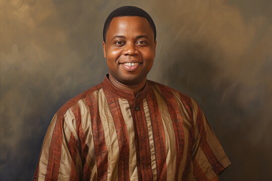 Cheerful African man with a radiant smile against a vintage backdrop, exuding retro vibes
