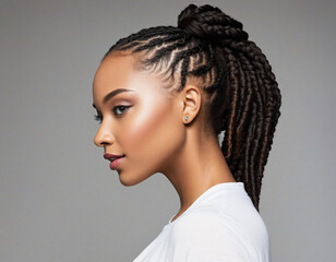 portrait of beautiful black african american woman with curly long braids and bun. perfect face structure. sharp jawline looking left side profile. isolated on white background.  - obrazy, fototapety, plakaty
