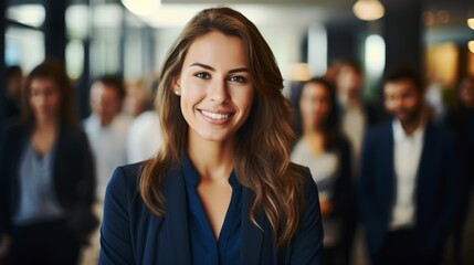 Fototapeta premium Confident businesswoman standing in office with colleagues in the background