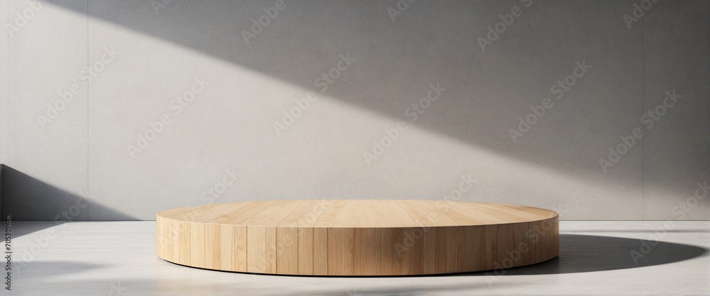 Poster round wooden podium on concrete background with sunlight shadow. product presentation mockup templat