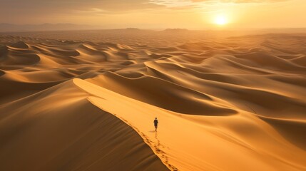 Fototapeta na wymiar Aerial view of a person walking among the sand dunes in the desert of Dubai at sunset, United Arab Emirates