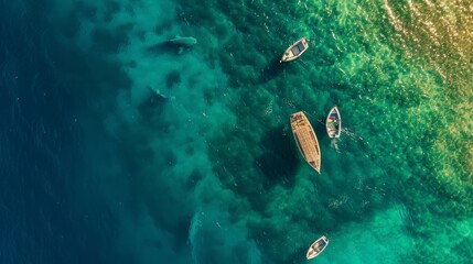Aerial view of people with a catamarans watching the Whale sharks along the coast in Dubai, United...