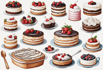 Artistic collection of various hand-drawn rustic cake illustrations
