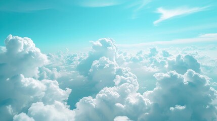Blue sky with some clouds. View over the clouds.ummer blue sky cloud gradient light white background. Beauty clear cloudy in sunshine calm bright winter air bacground. Gloomy vivid cyan landscape