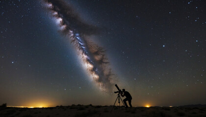 A man sitting under the night sky, peering through a large telescope at the twinkling stars above.