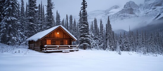 Winter cabin made of logs.