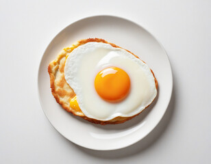 Top-down view of a fried egg on a white background. Nutritious morning meal.