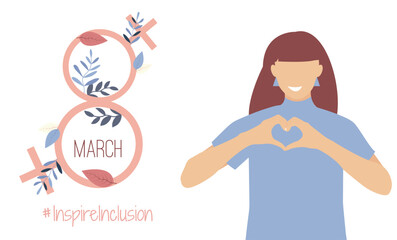 Fototapeta na wymiar Campaign 2024 #inspireinclusion. Conceptual celebration of International Women's Day. March 8. Card, template with heart shaped fingers