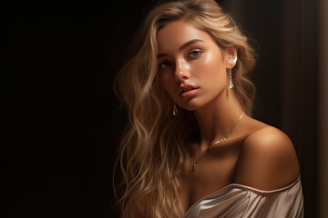 Blonde Woman in Satin Off-Shoulder Top with Elegant Jewelry and Softly Curled Hair