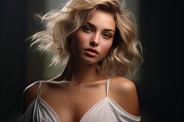 Blonde Woman with Tousled Hair and a Sultry Look in a Silk Top