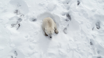 Un ours polaire, ours blanc dans la neige. Vue de haut, trace de pas dans la neige. Hiver, froid, animal, sauvage. Pour conception et création graphique.